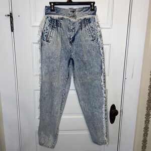 Vintage Acid Wash Fringe Fold Over Top Button Fly Taper Jeans 11/12 Nostalgia